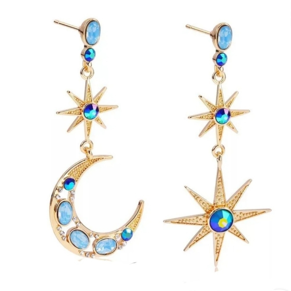 Moon and Star Drop Earrings Blue Rhinestones Gold Tone